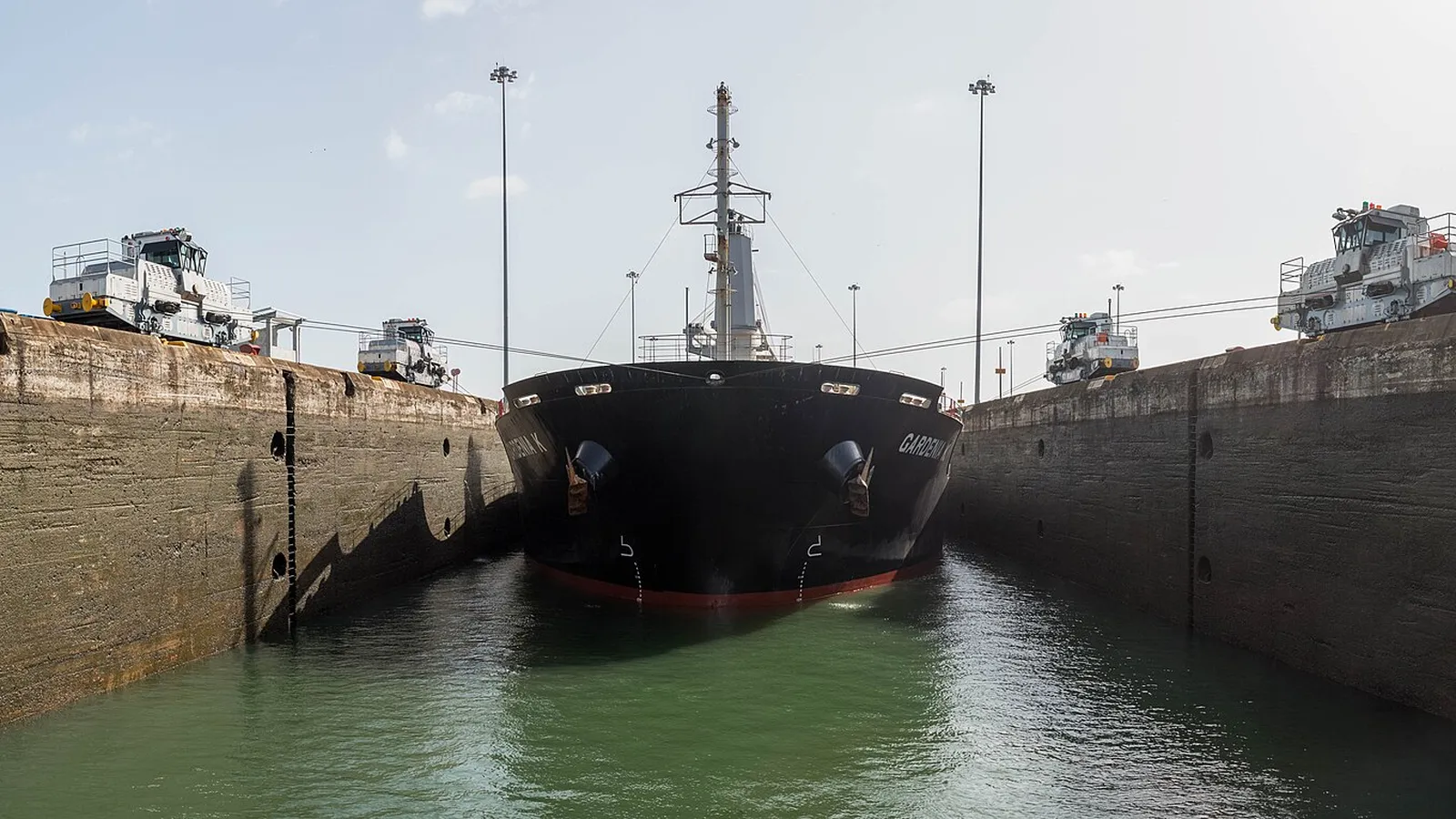 A ship inside a lock chamber of the Panama Canal