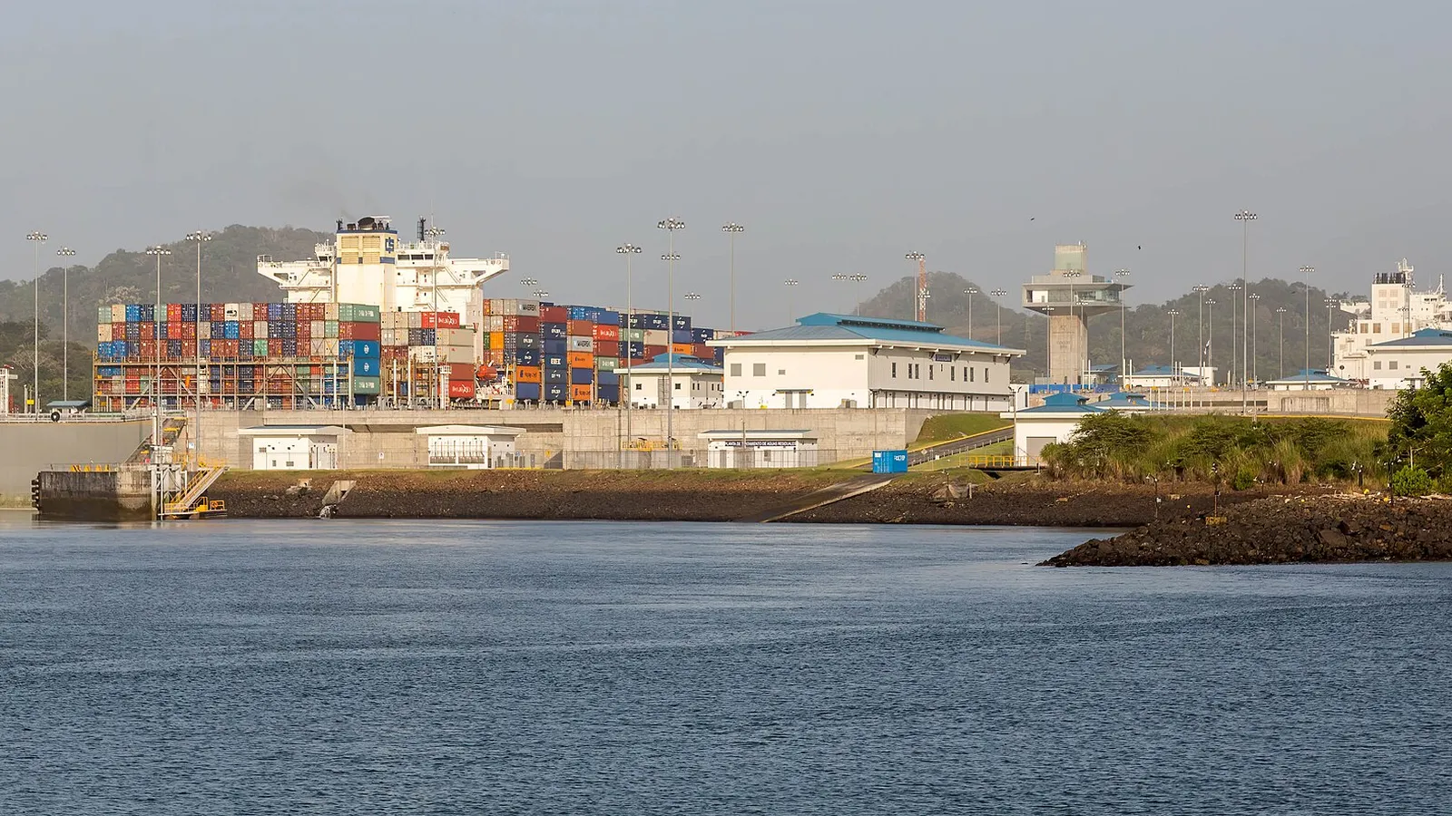 A container ship entering the Cocolí locks of the expanded Panama Canal