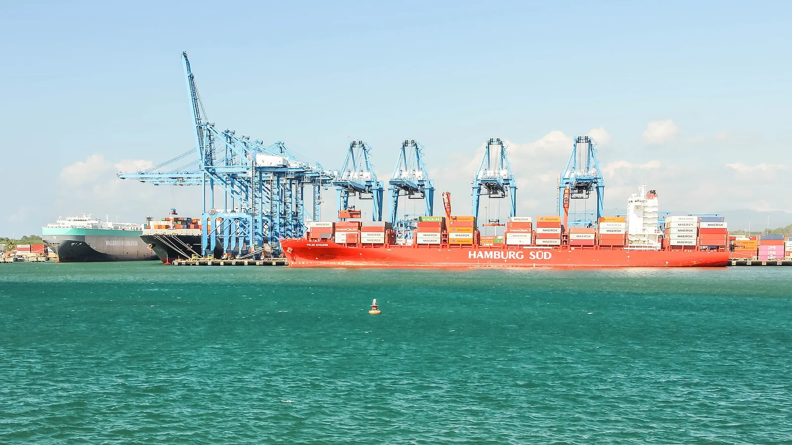 A container ship berthed at the Port of Colón